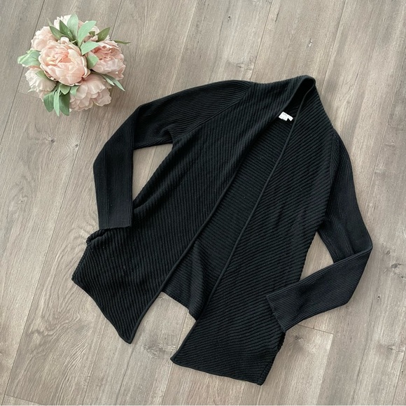 Helmut Lang Black Ribbed Asymmetrical Wool Cardigan Sweater - Picture 1 of 4